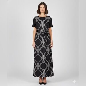 Chic Black and White Patterned Maxi Dress w/ Tie Belt